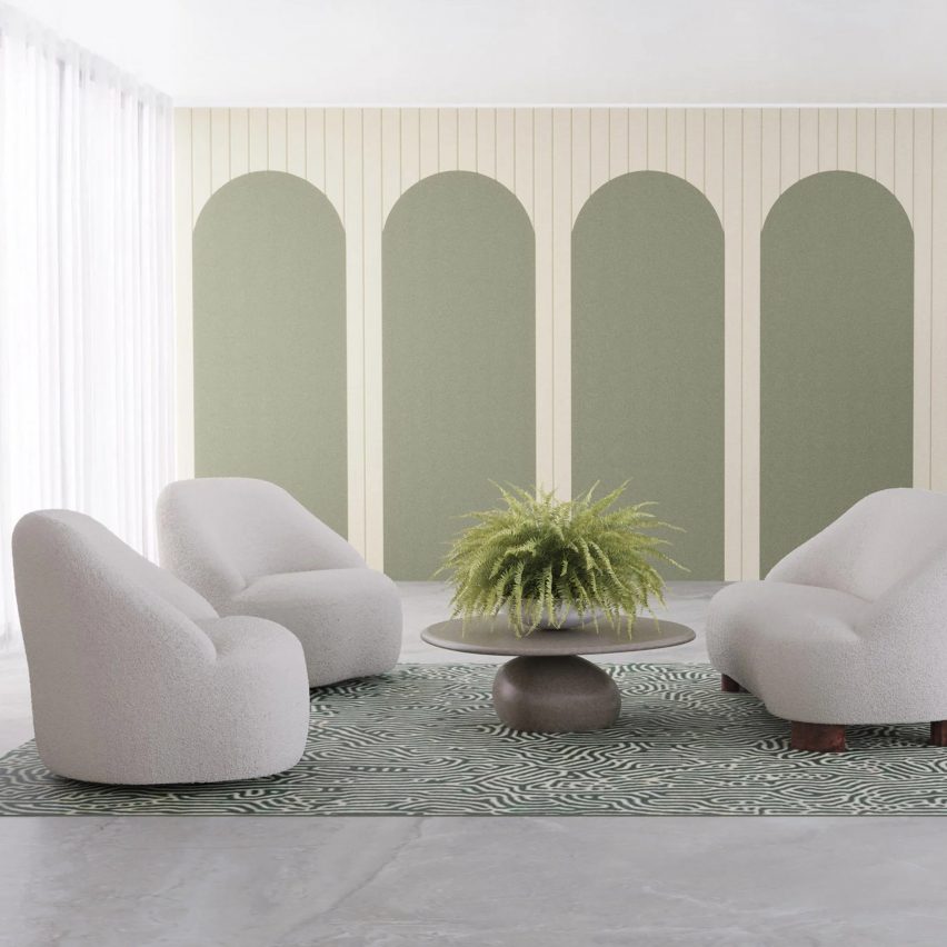 Green arched Archie acoustic wall panels with white seating and potted plants in front
