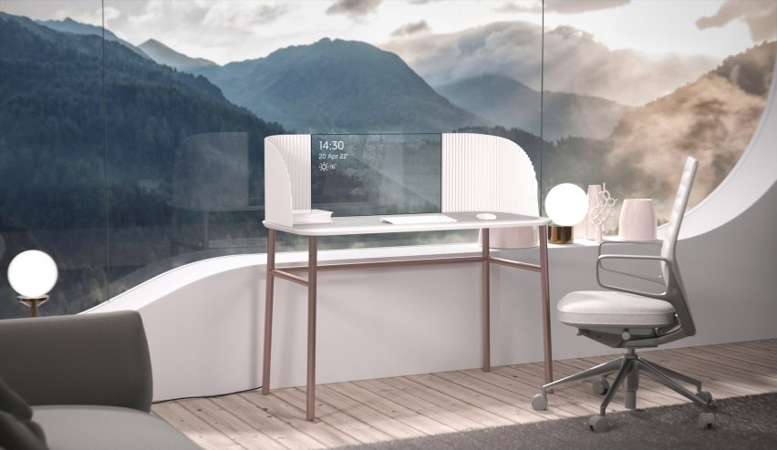 The Caelum desk by Cagatay Afsar situated in a home-office setting looking onto a landscape through the window