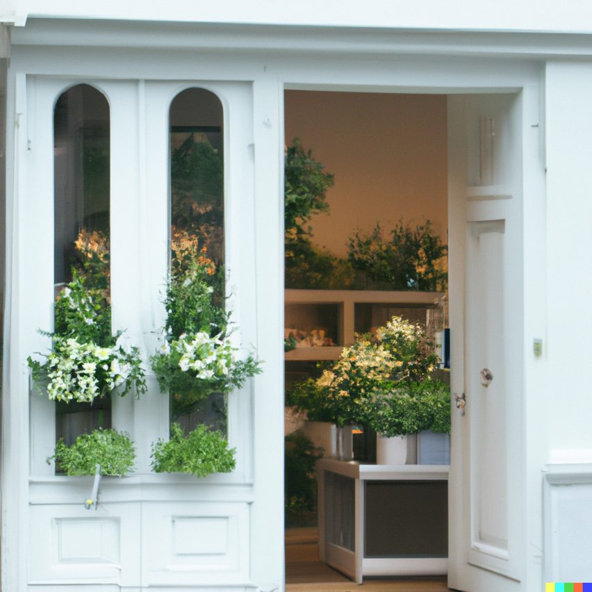 DALL·E 2 image of a photo of a quaint flower shop storefront with a pastel green and clean white facade