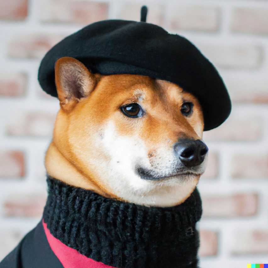 DALL-E 2 image of a Shiba Inu dog wearing a beret and black turtleneck