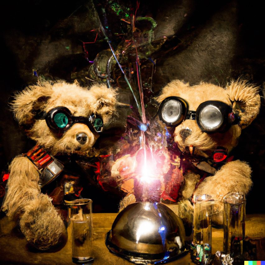 DALL-E 2 image of teddy bears mixing sparkling chemicals as mad scientists in a steampunk style