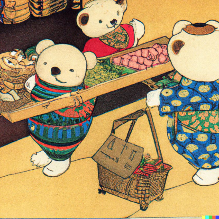 DALL-E 2 image of teddy bears shopping for groceries in the style of ukiyo-e