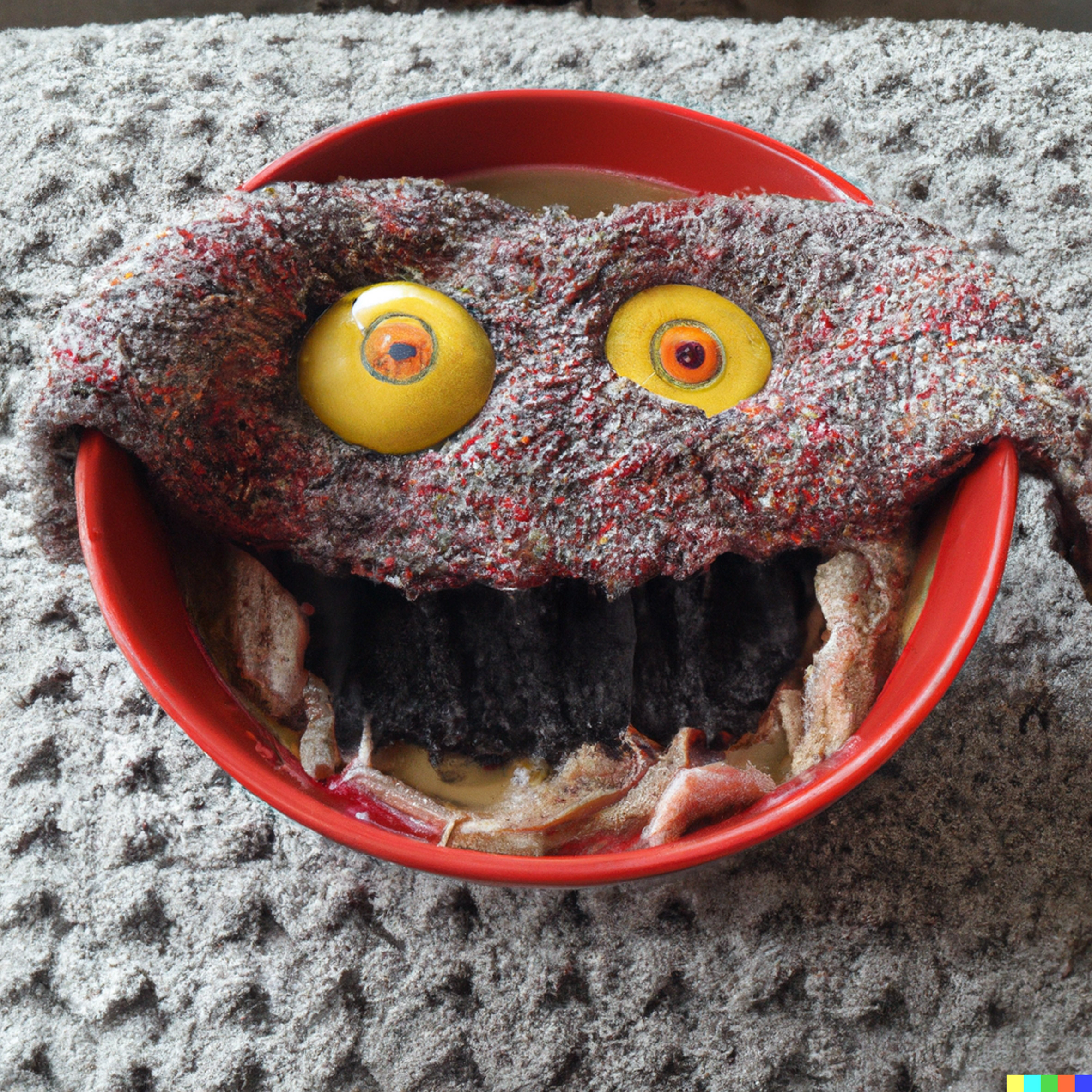 DALL·E 2 image of a bowl of soup that looks like a monster, knitted out of wool