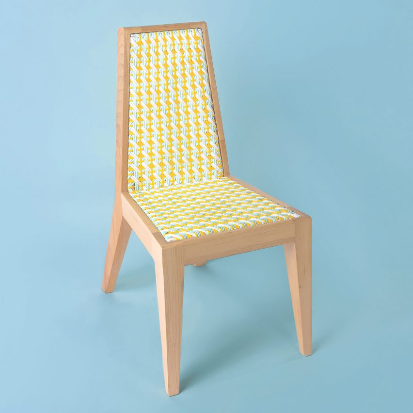 Dina chair by Beit Collective with yellow and blue woven seat