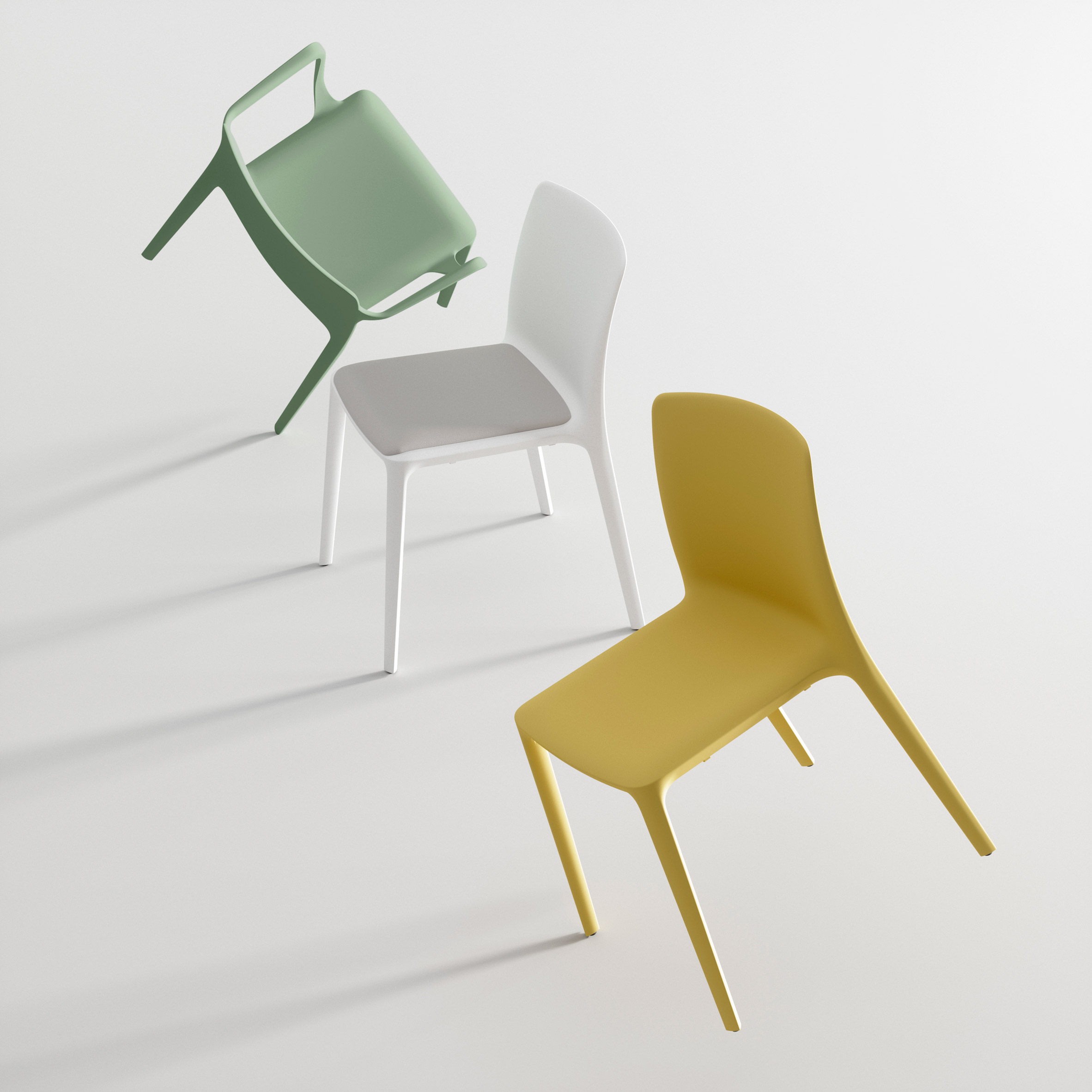 green, white and yellow actiu chairs with and without armrests