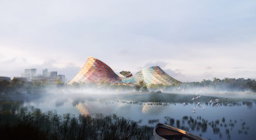 Render of the Hainan Performing Arts Centre from the nearby wetlands