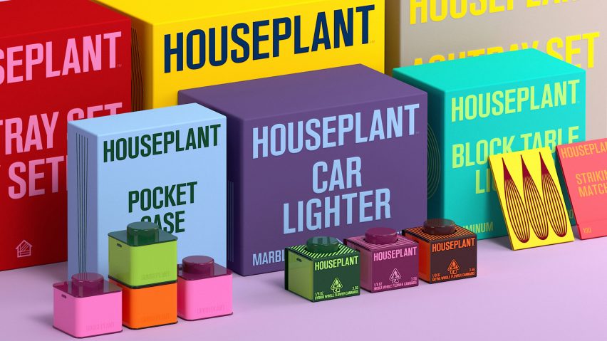 Houseplant cannabis containers and box packaging lined up together