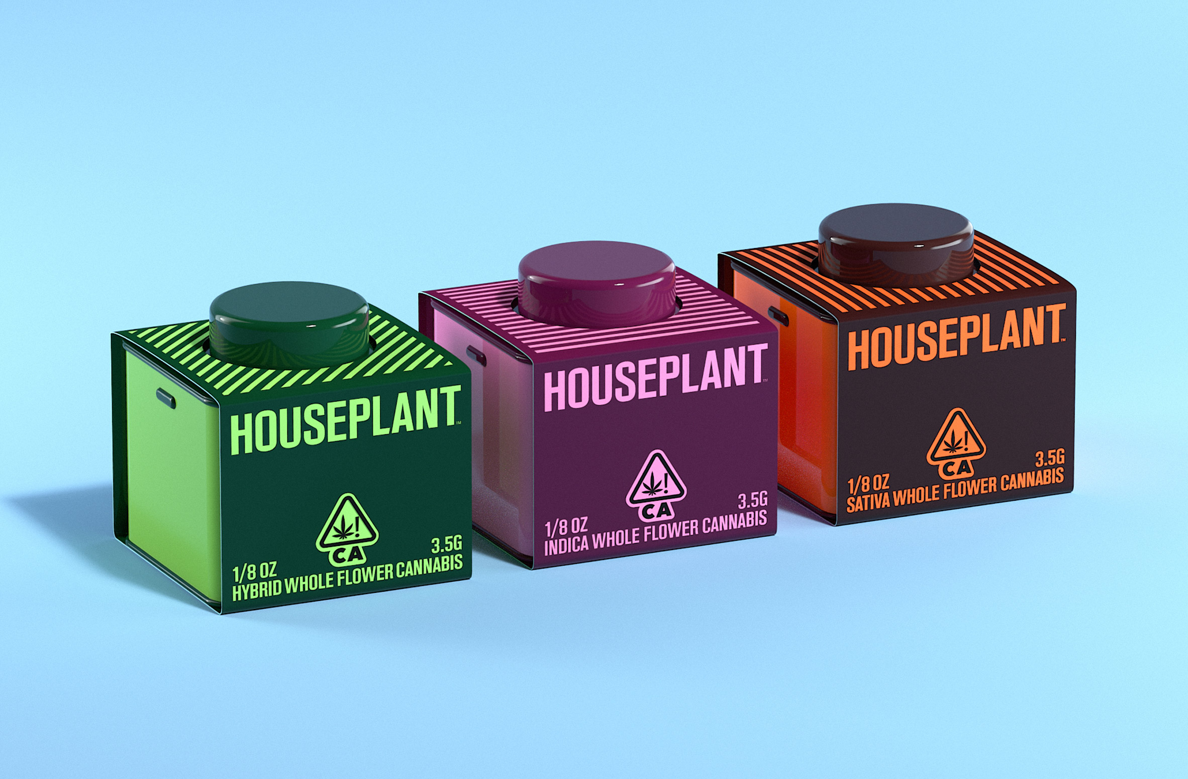 Three Houseplant cannabis containers in green pink and orange against a blue background