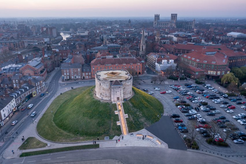 Aerial image of Clifford's Tower and the surrounding York skyline