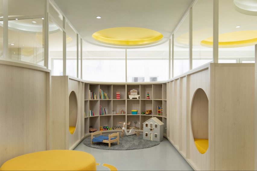 Wooden shelves and cubby holes in a school