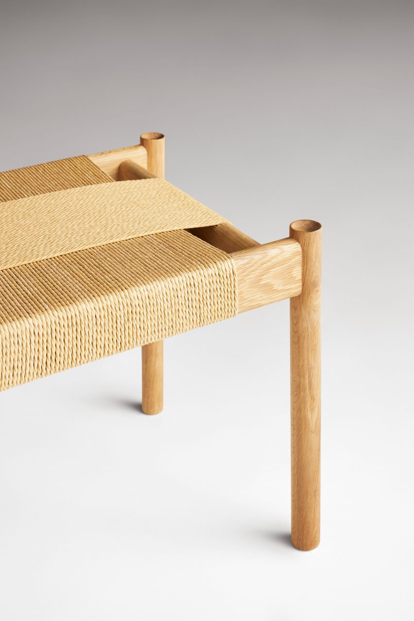 Close-up of cord seat on bench by Blu Dot