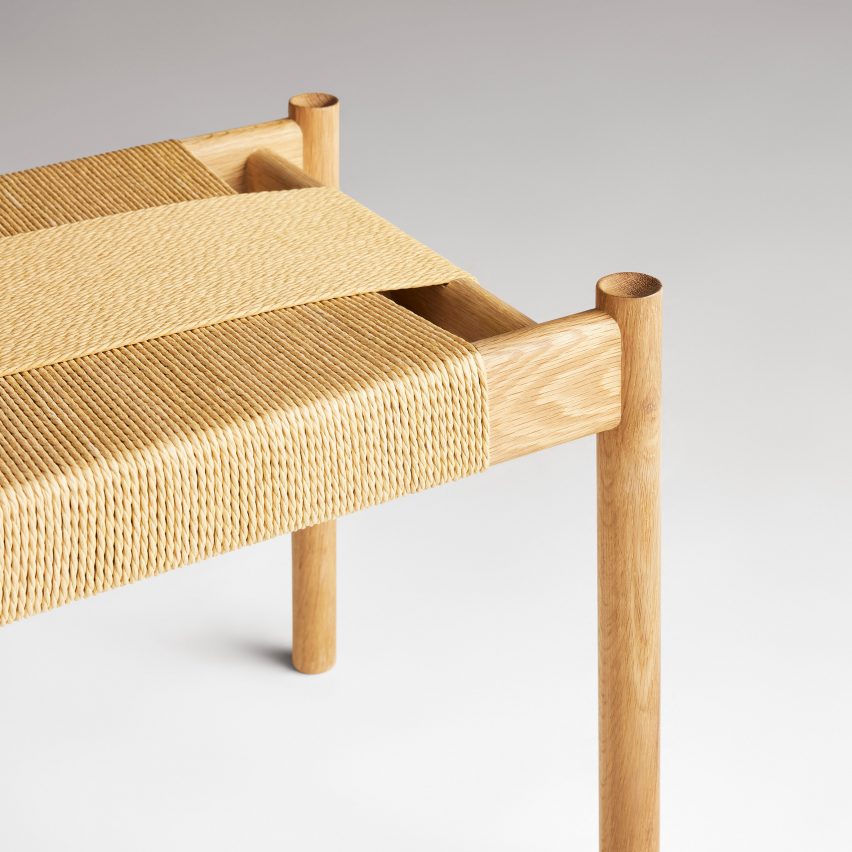 Close-up of cord seat on Invitation bench by Blu Dot