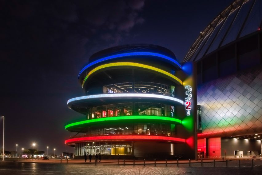 The 3-2-1 Qatar Olympic and Sports Museum pictured lit up at night 