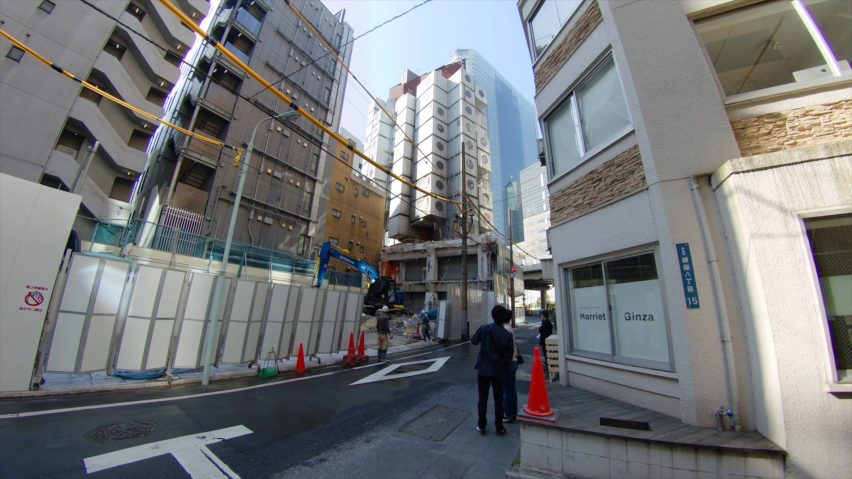 Image taken from footage of Kisho Kurokawa's Nakagin Capsule Tower being demolished