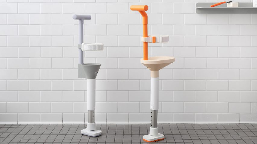 Two shower leg prostheses by Harry Teng in a bathroom