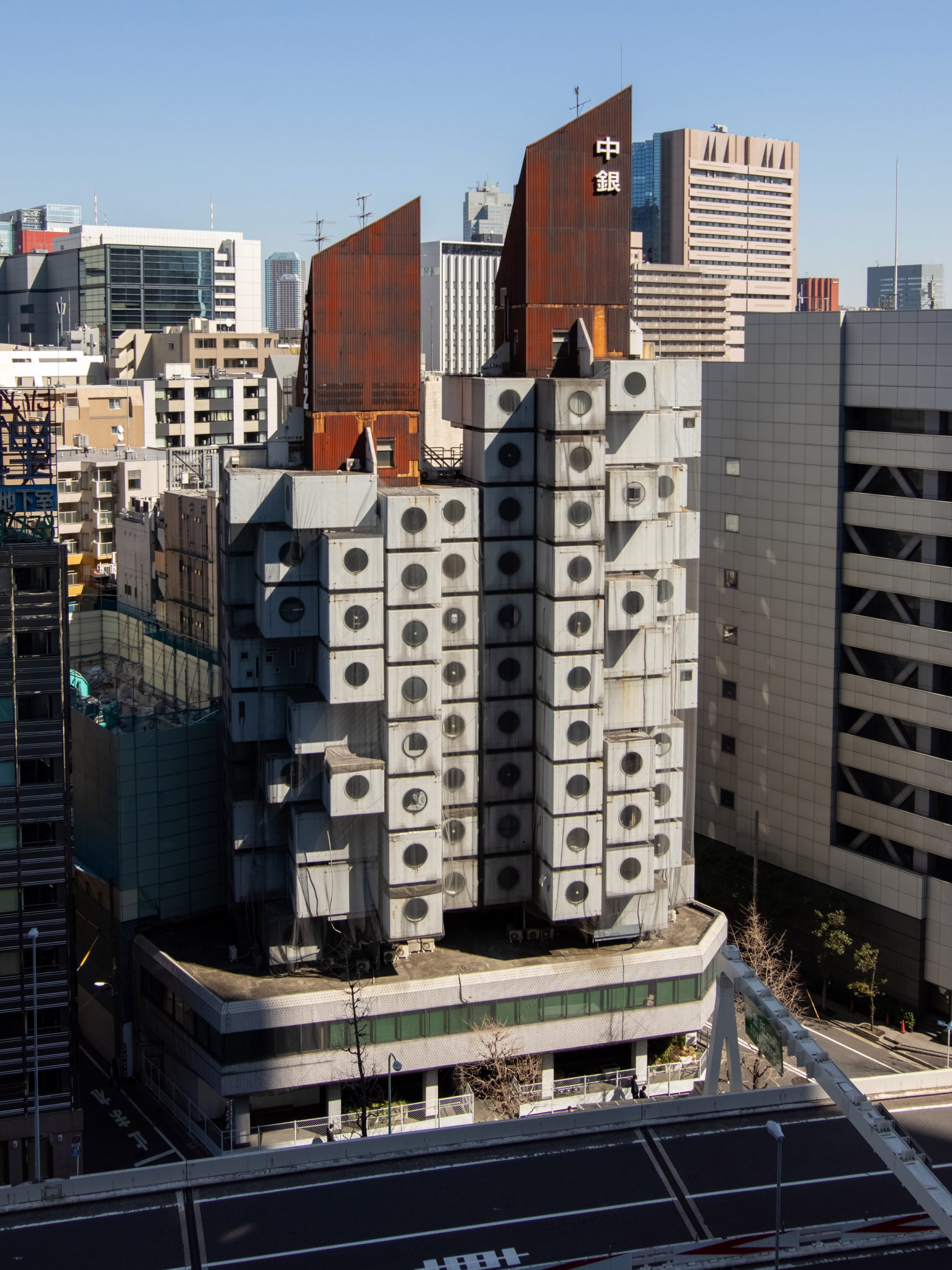 Exterior of Nakagin Capsule Tower in Tokyo