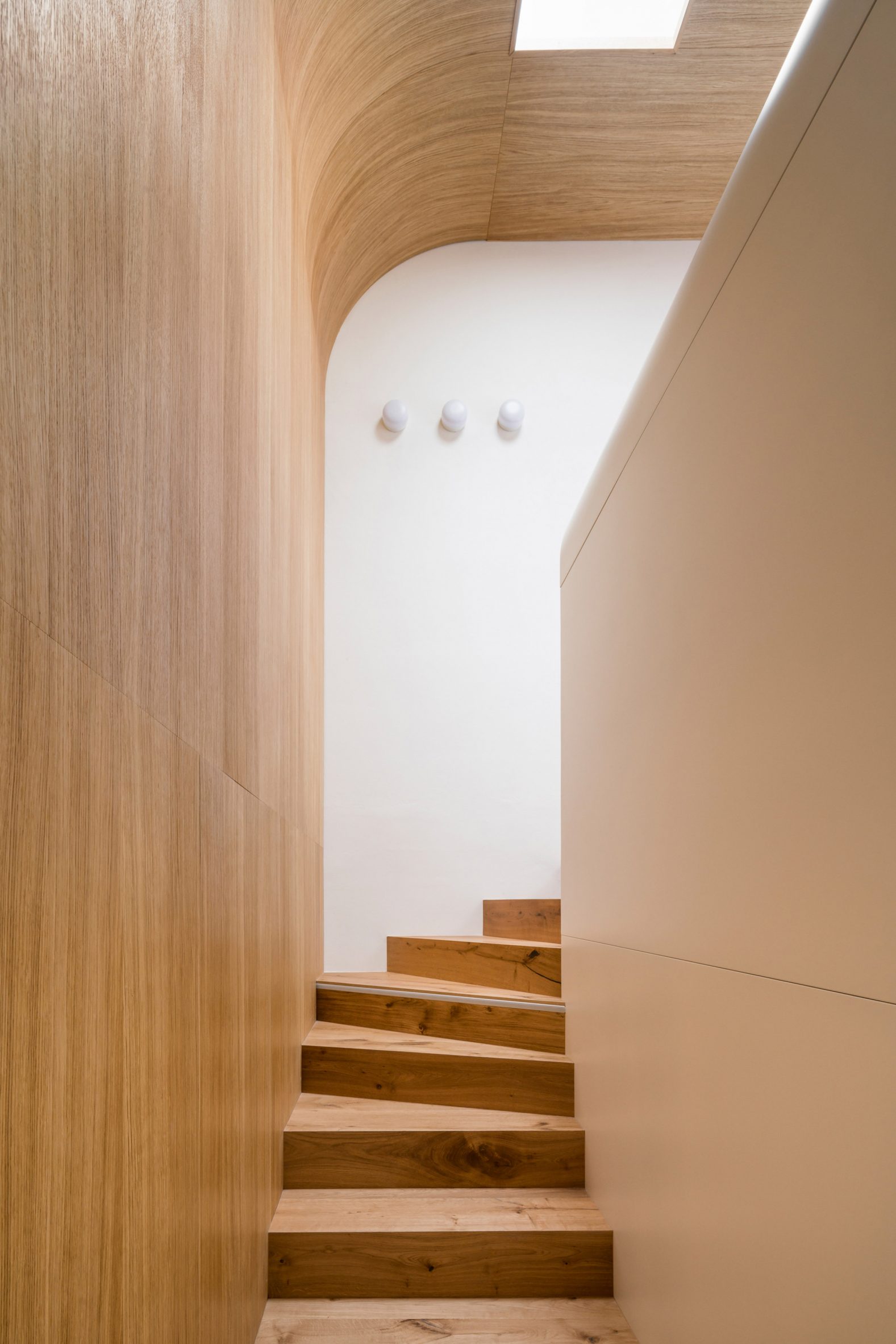 Staircase inside apartment featuring curved plywood cladding