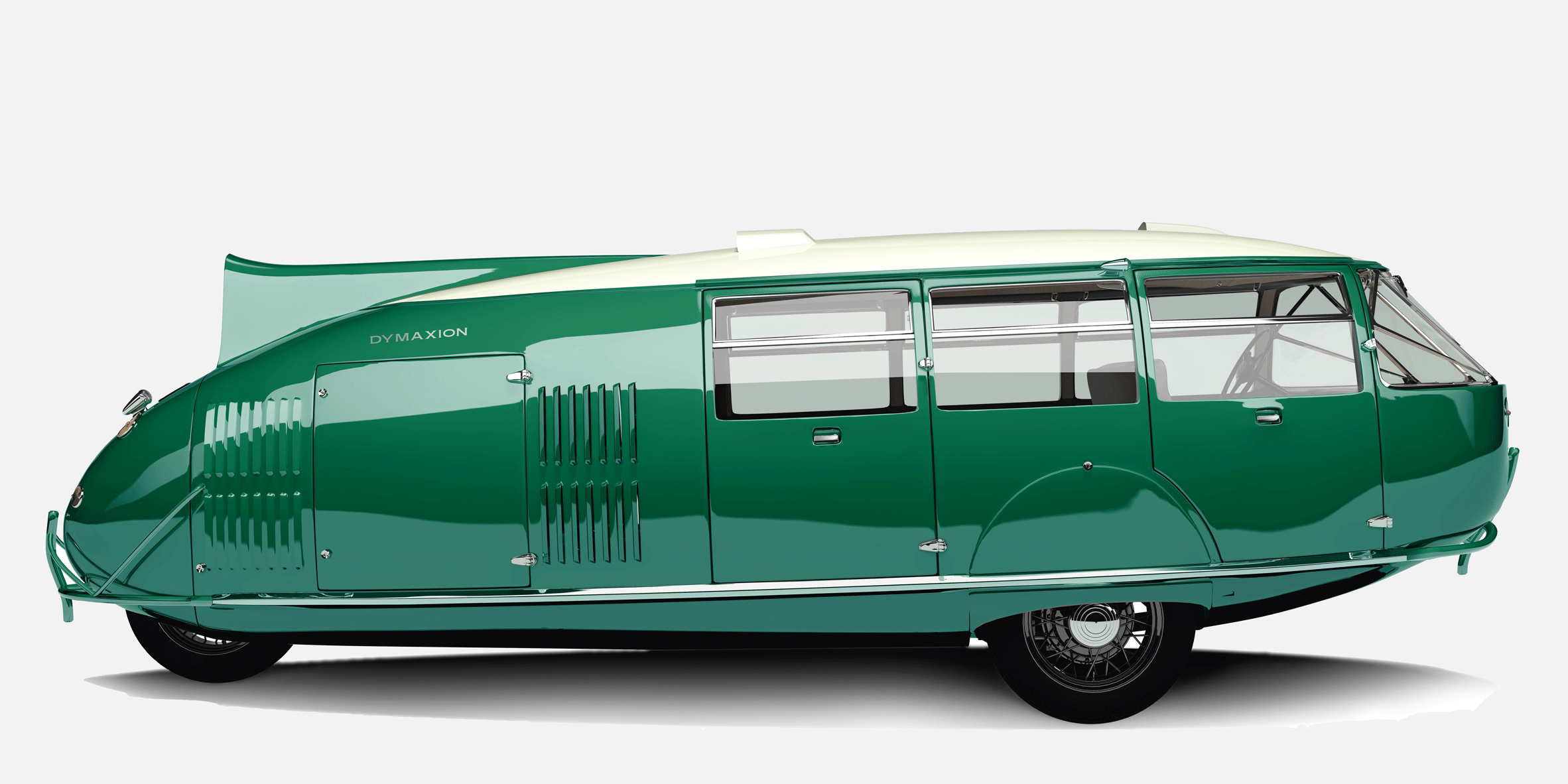 A green Dymaxion car