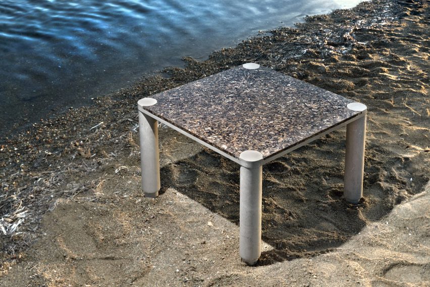 Square Oceanidea coffee table by Alex Mint on a beachy shore