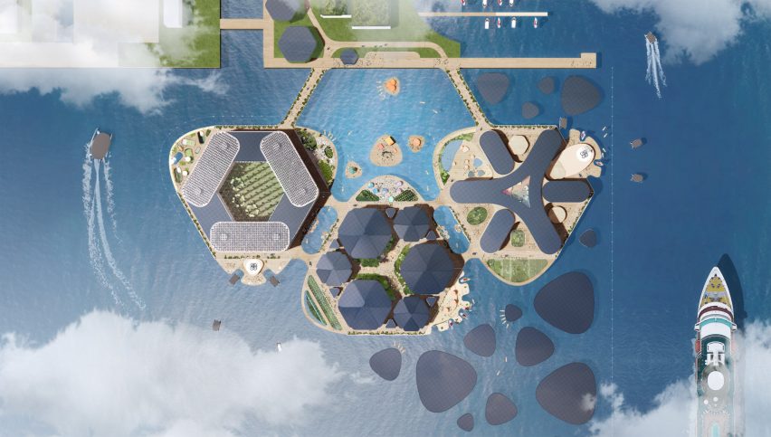 Rendering of the aerial view of Oceanix Busan with three triangle-shaped platforms joined by bridges