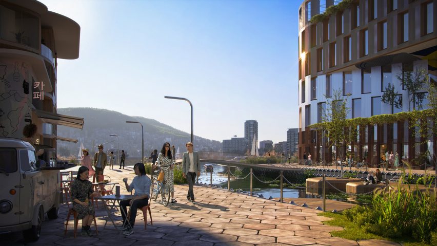 Rendering of canal side area of the Oceanix Busan floating city
