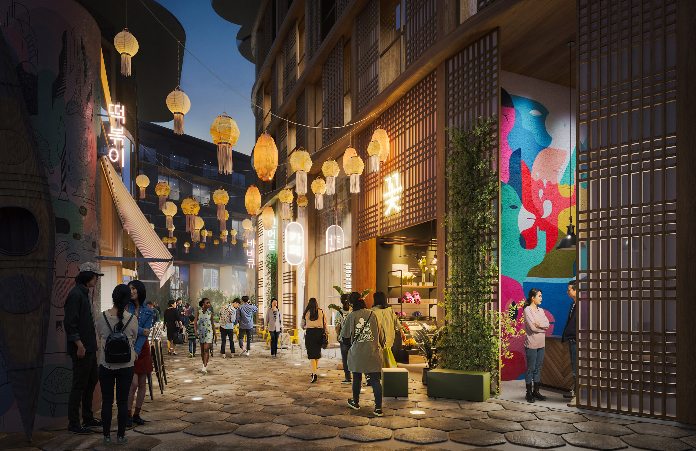 Rendering of intimate alley lined with food vendors and strung with paper lanterns