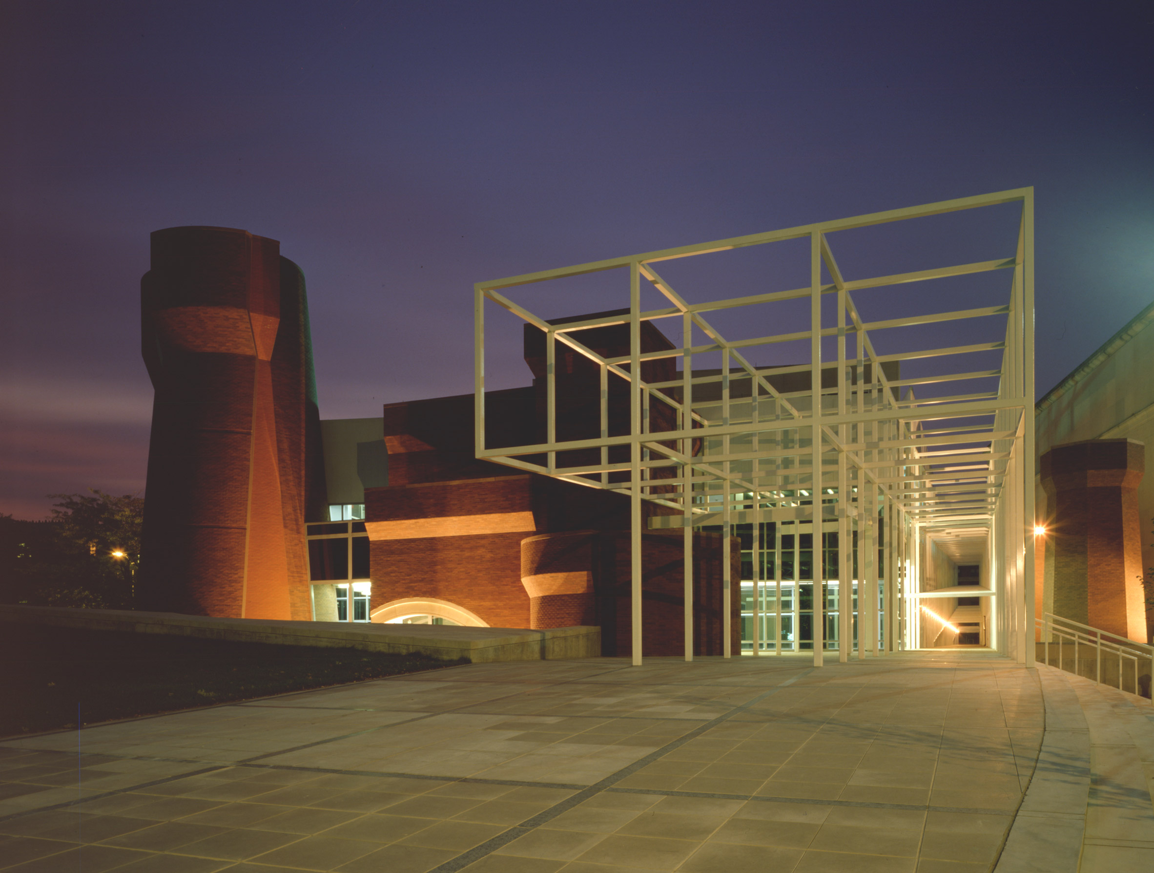Image of the white steel scaffolding entrance to the Wexner Center for the Arts