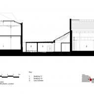 Entrance pavilion for Punchdrunk theatre company by Haworth Tompkins plans