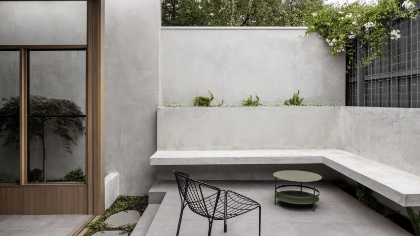 Exterior terrace with concrete bench seat in Ripponlea House by Luke Fry