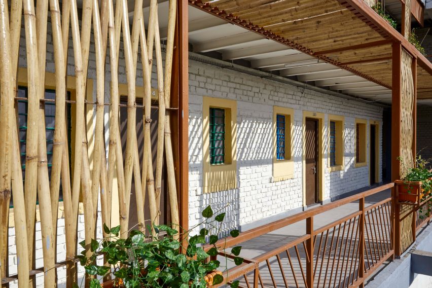 Bamboo screens and colourful windows in Indian house