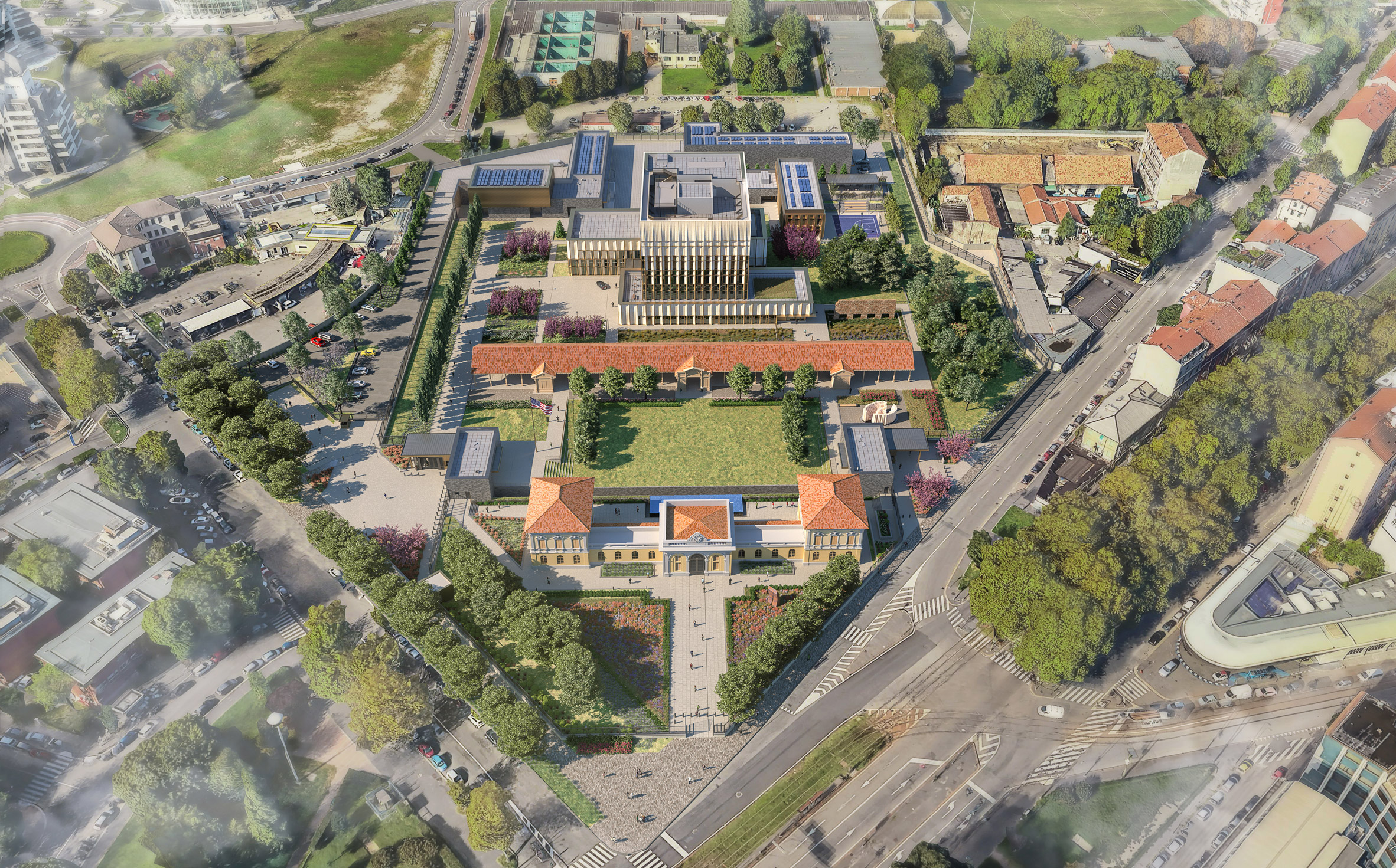 Aerial render of the New Consulate Campus which was designed by SHoP Architects