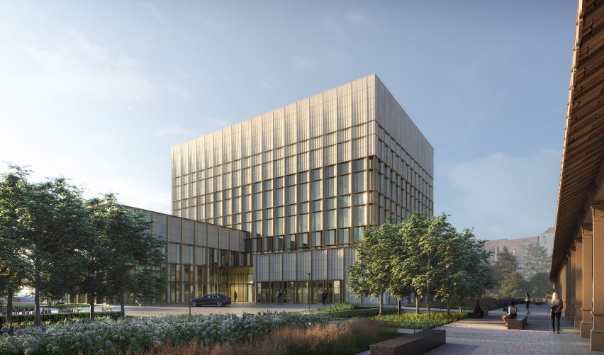 Render of a new contemporary office building at the New Consulate Campus