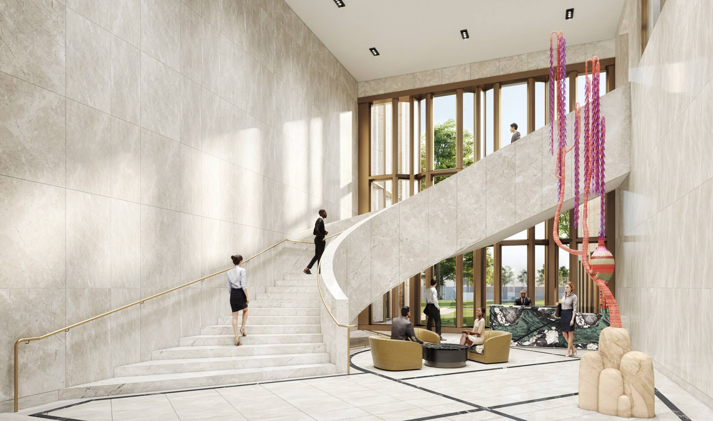 Interior render of the stone-lined lobby area at the office building