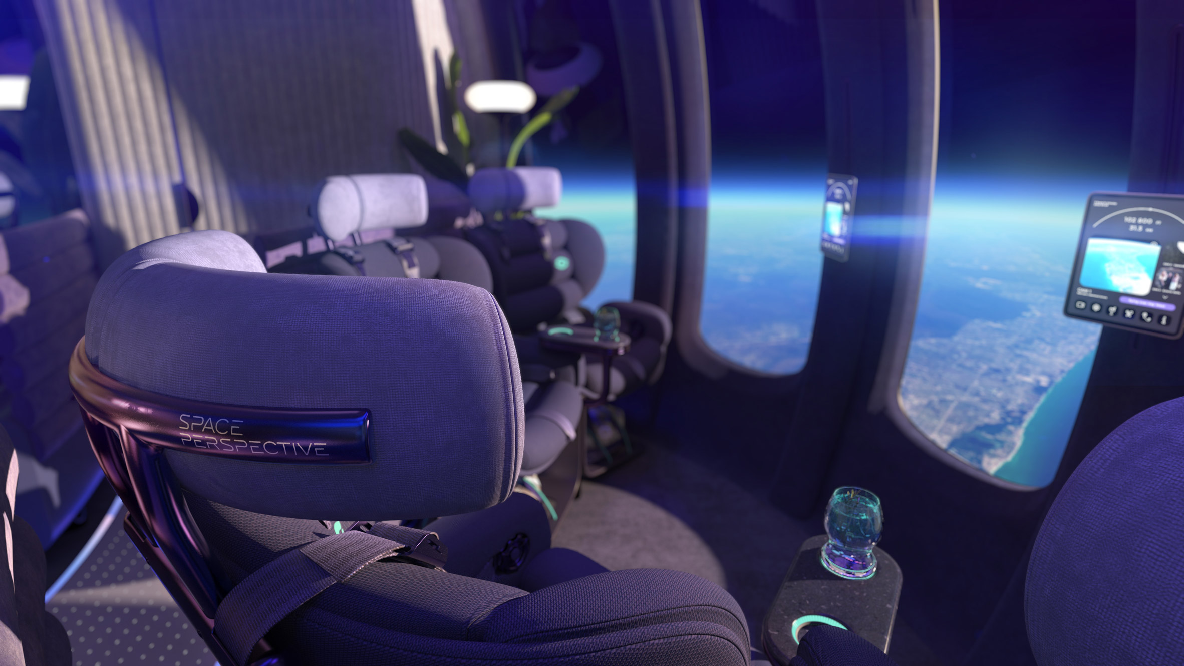 Rendering of the Neptune Space Lounge with seats facing tall windows showing views of Earth below