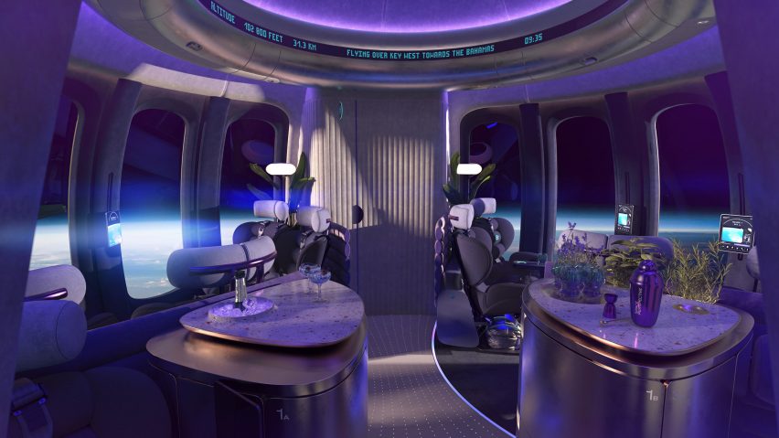 Round spaceship cabin with 360-degree panoramic windows and viewing lounges on either side of a central aisle
