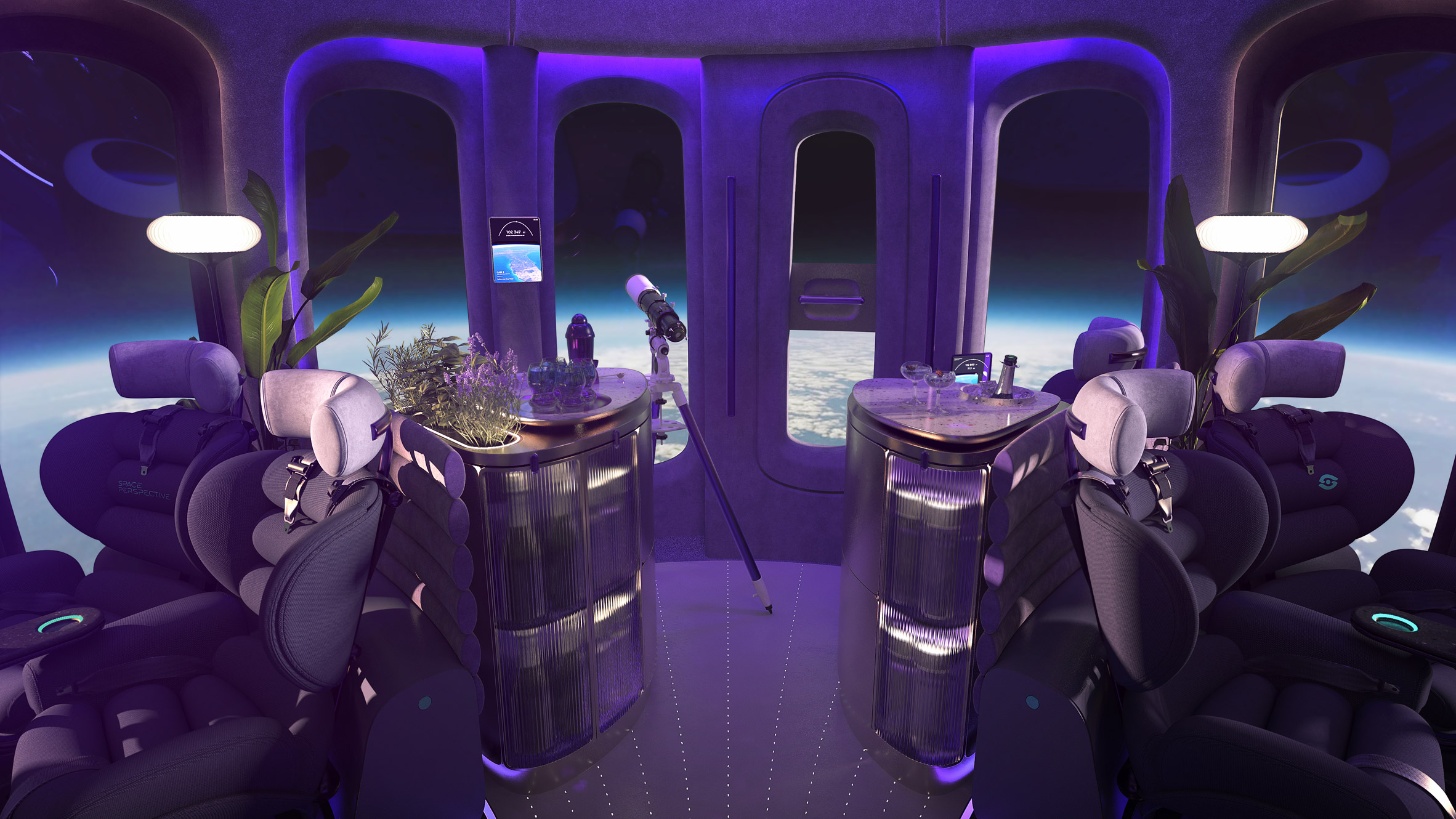 Rendering of the bar area of Space Perspective's Space Lounge with a telescope set up at the window