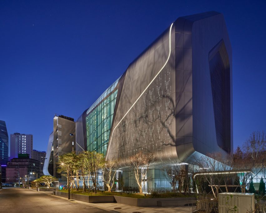 Exterior image of the sculptural YG HQ