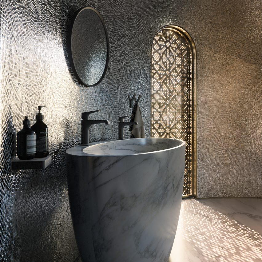 A silver-coloured double oval sink by Axor in the Hadi Teherani bathroom concept