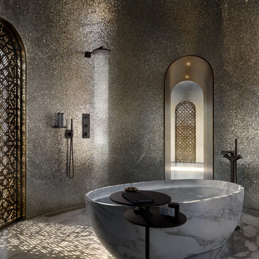 Bathtub in the middle of mirror-tiled bathroom concept by Hadi Teherani