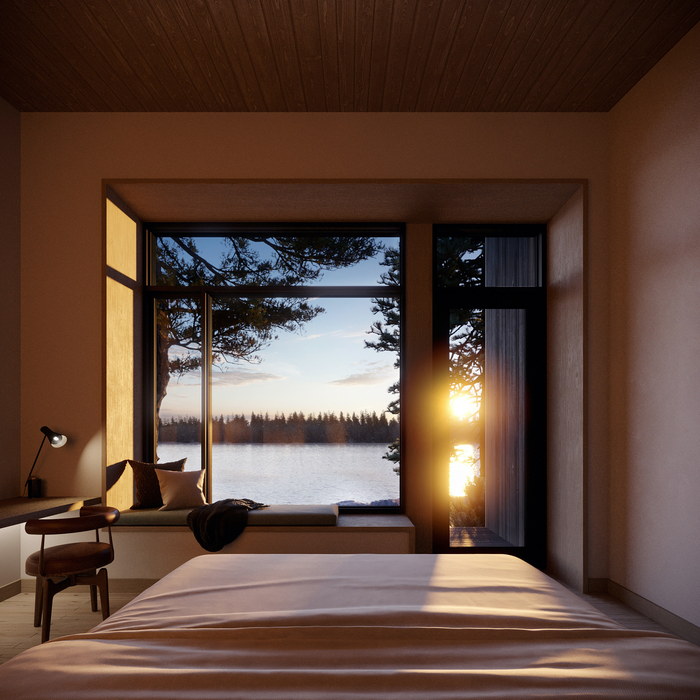 cabin interior looking over lake with setting sun