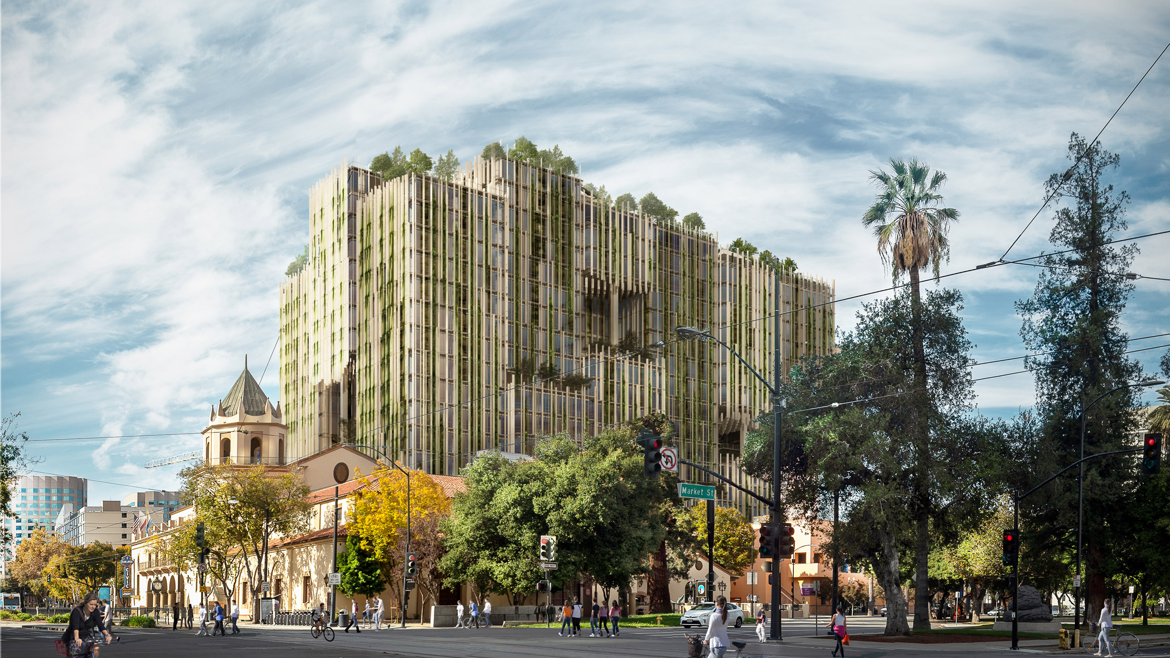 Render of plant-covered building by Kengo Kuma