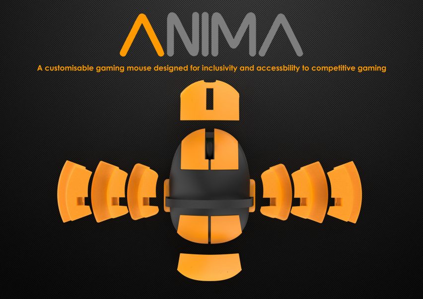 A render of Amina, a customisable gaming mouse designed to improve inclusivity and accessibility in competitive gaming