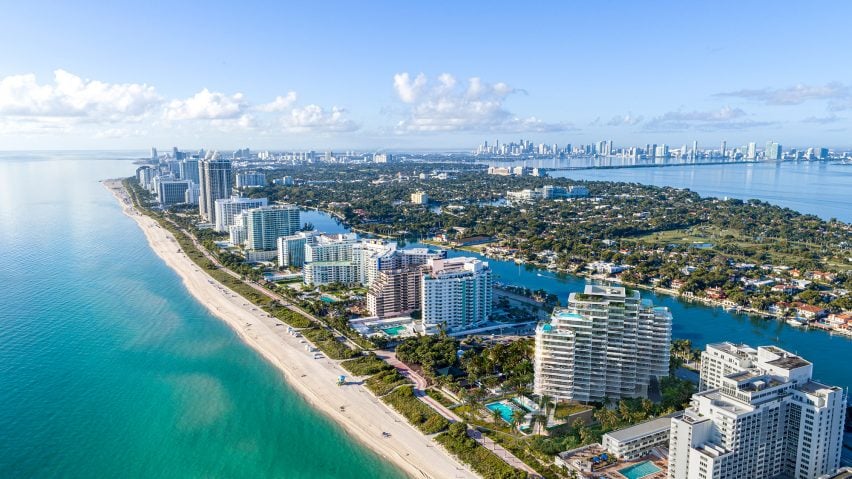 OMA miami building aerial with ocean and city
