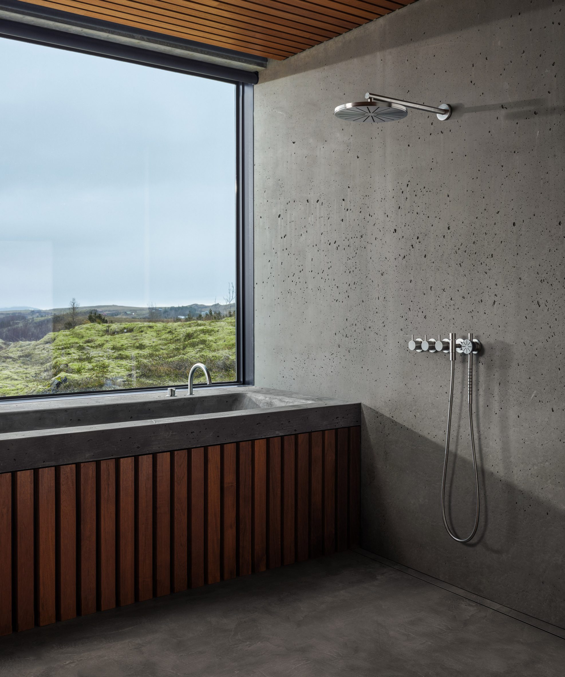 A photograph of a bathroom in Arborg House that features Vole's stainless steel products
