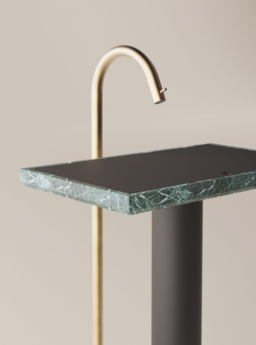 Brass and green marble Ell washbasin by Benedini Associati for Agape