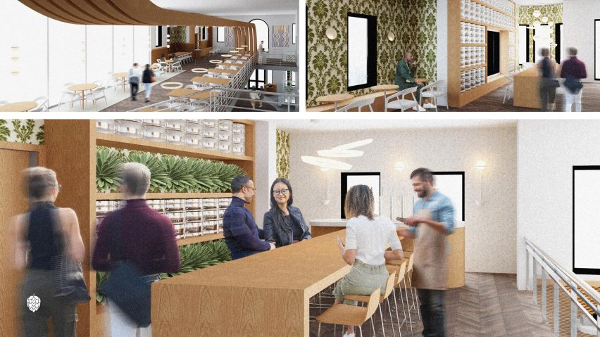 Three interior renders of a student taproom design