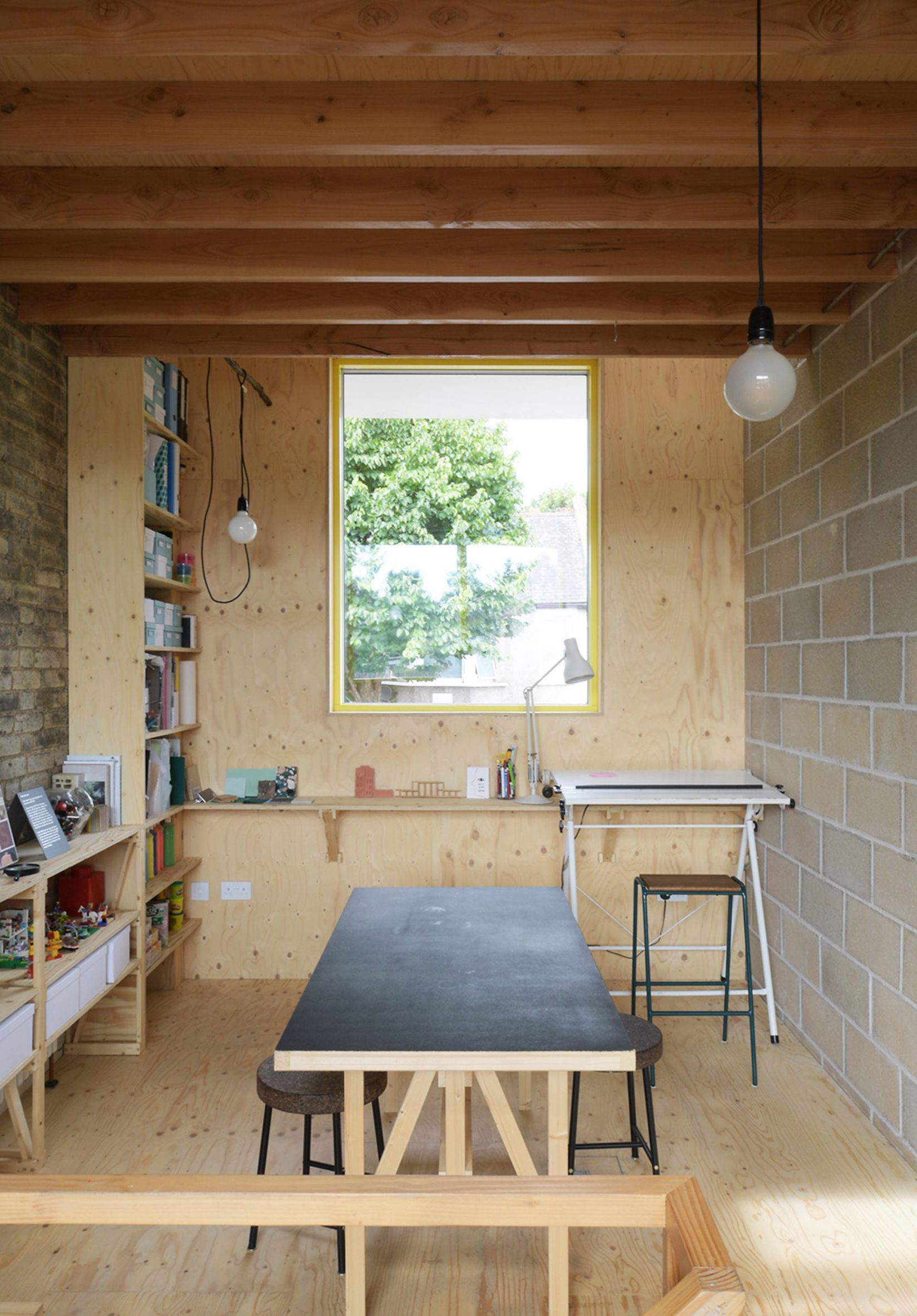 Interior image of a wooden studio space