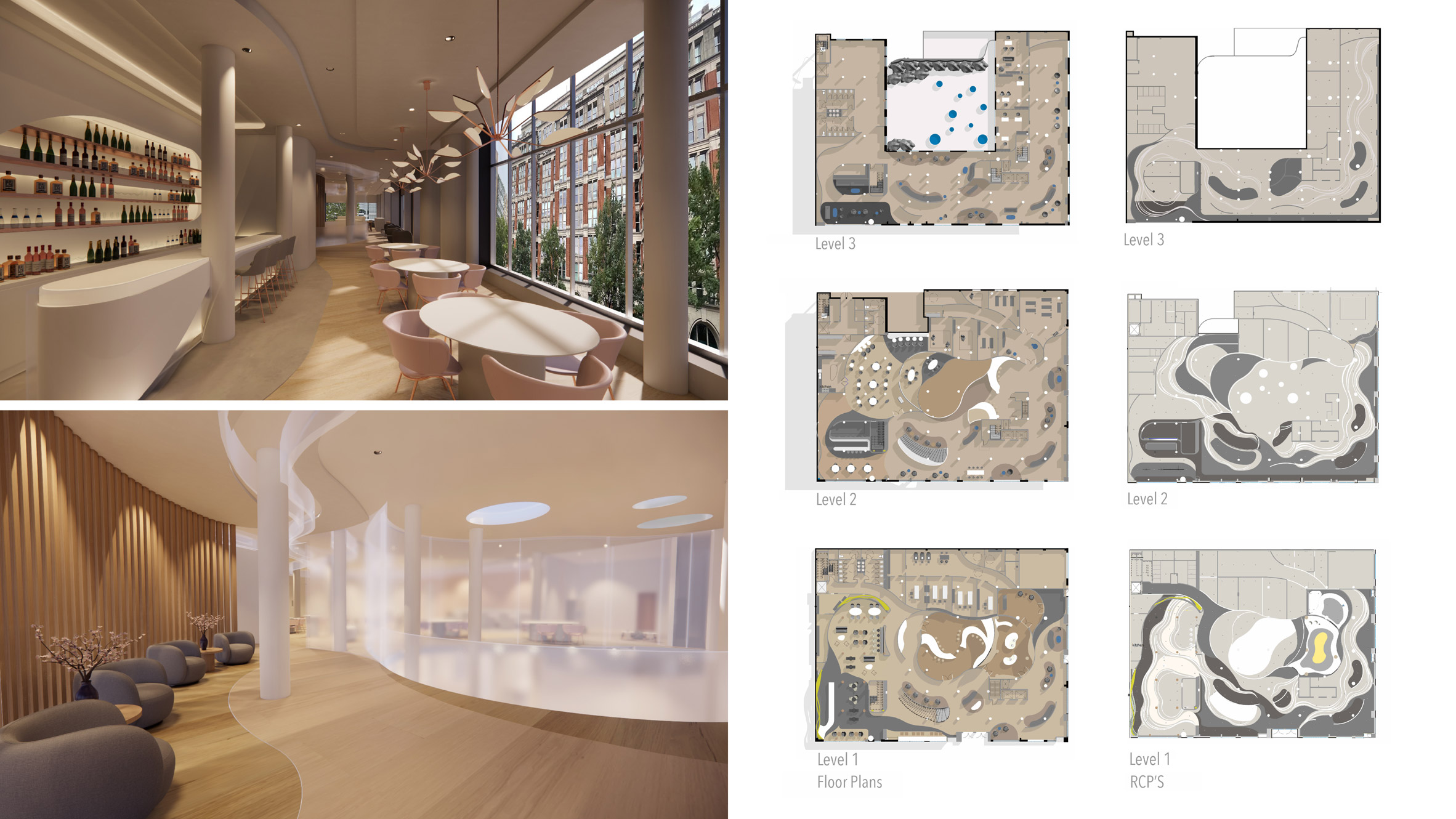 two interior renders and six plans of a student boutique interior design