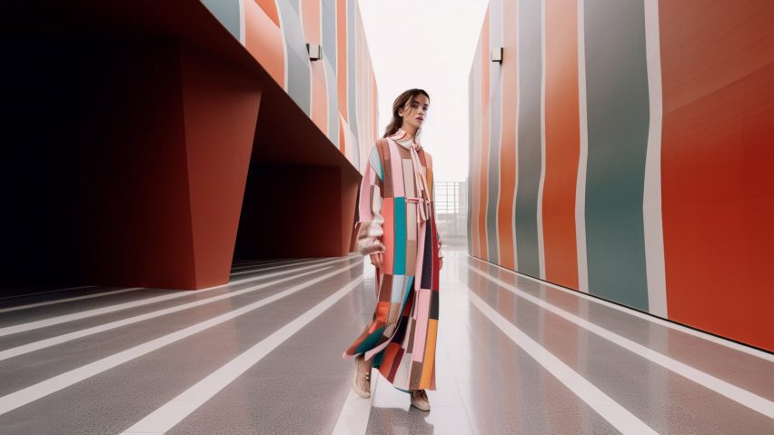 a model in front of a contemporary buidling, course image of architecture for fashion at YACademy