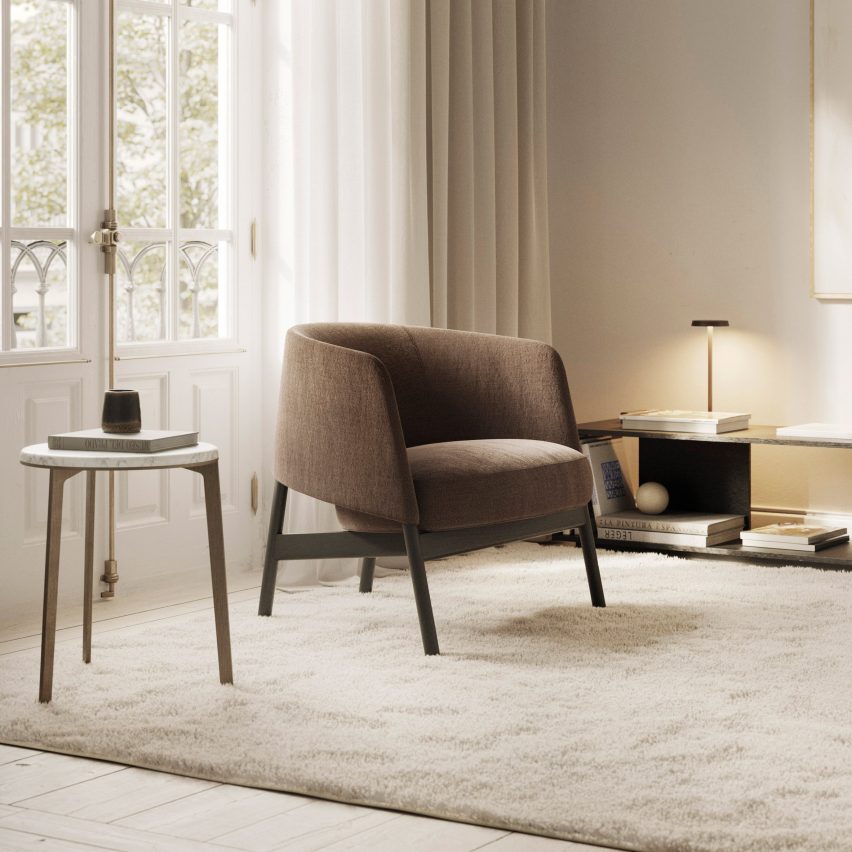 Brown fabric Collar chair by Bensen in a sitting room
